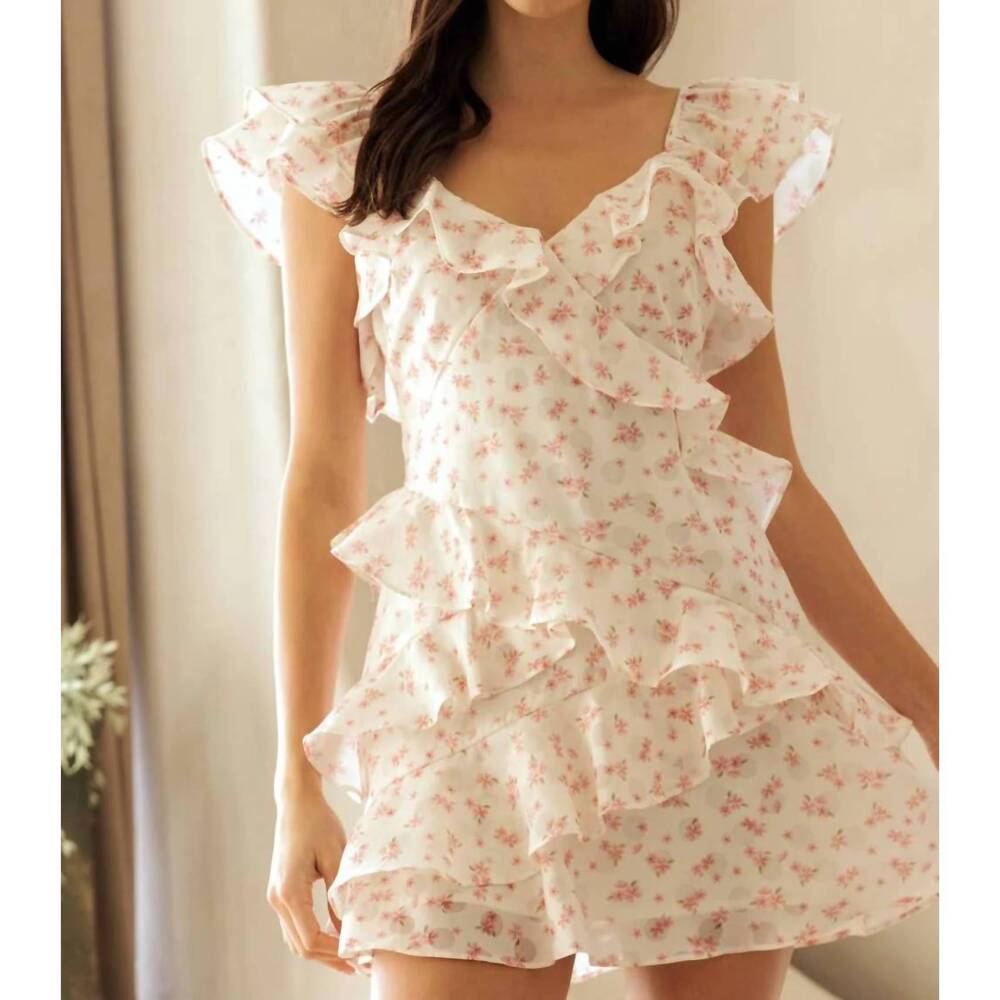 NEW MIOU MUSE libby ruffle mini dress in ivory and pink floral
